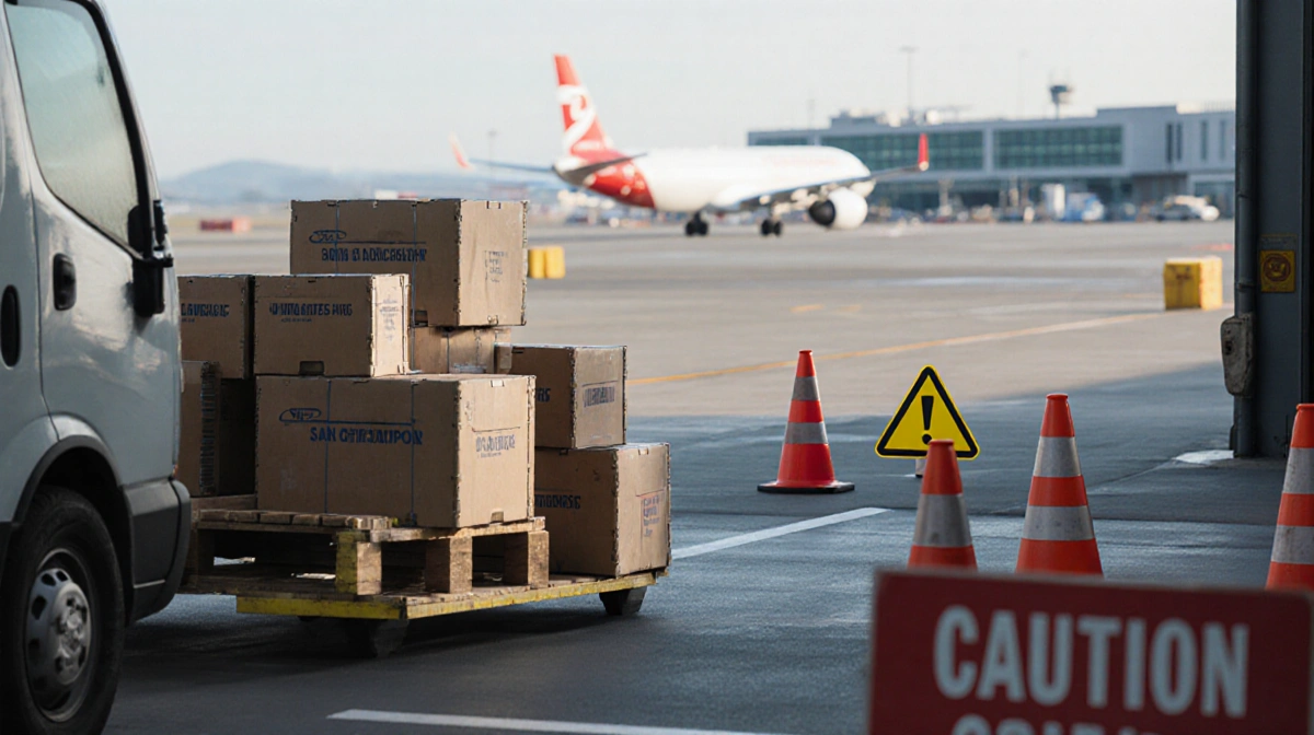 Cargo pallet being towed by truck on airport service road with warning cones and a blurred runway behind.