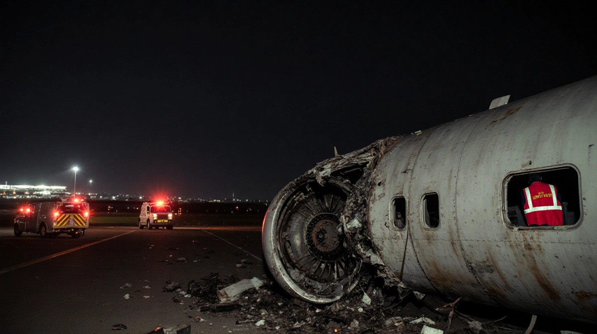 Cargo plane lies wrecked on runway with emergency vehicles responding and damaged engine exposed