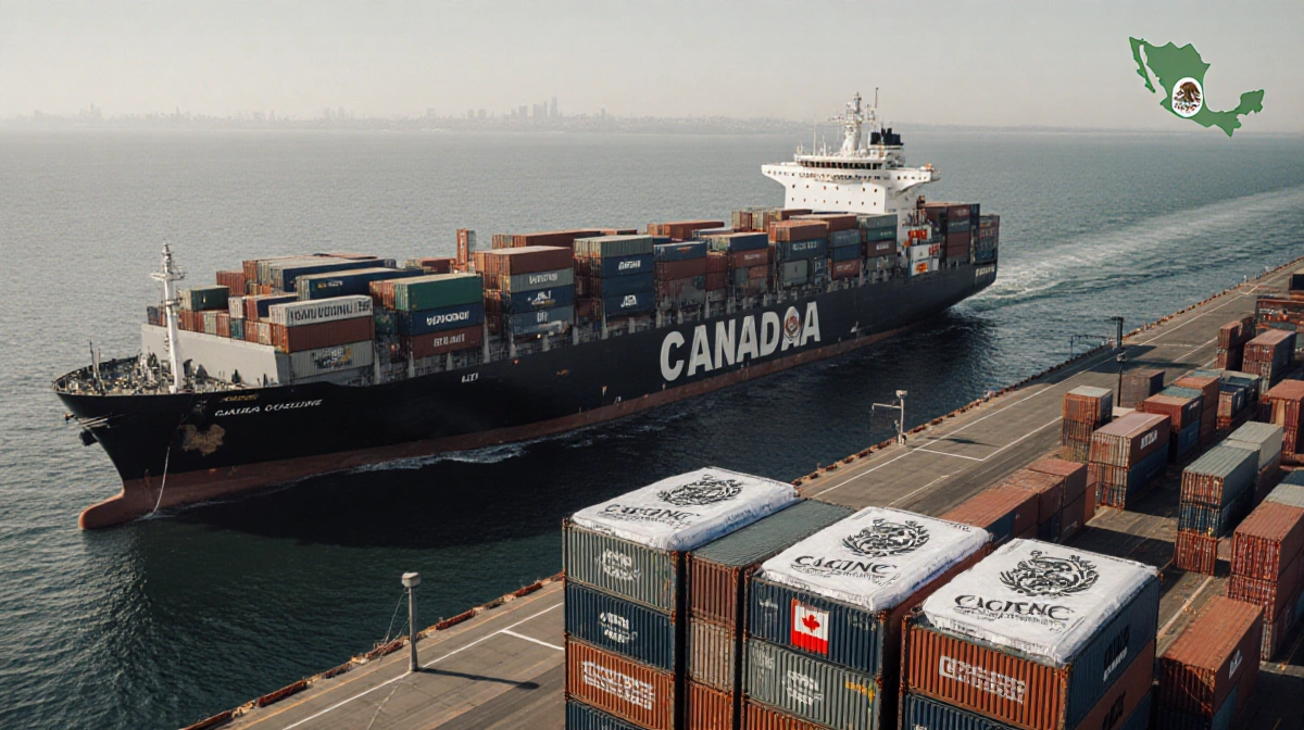Cargo ship docked at Los Angeles port with Canadian flag crates and cocaine markings map of Mexico background