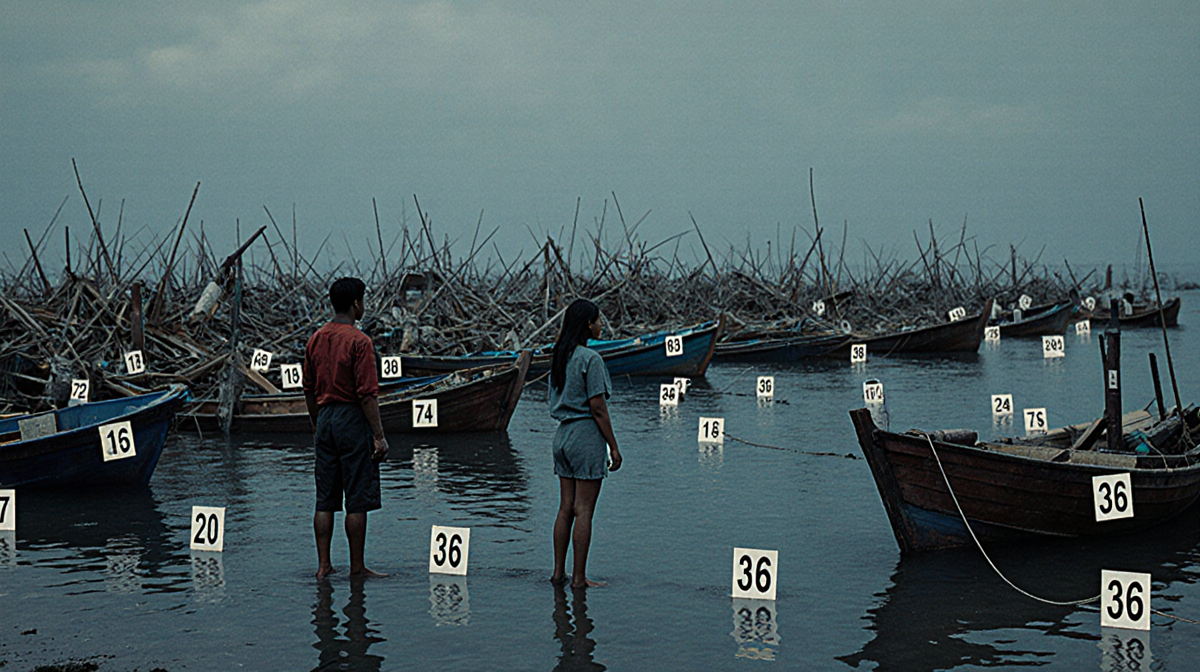 Two people standing at water edge with Caribbean sea and wrecked boats in background