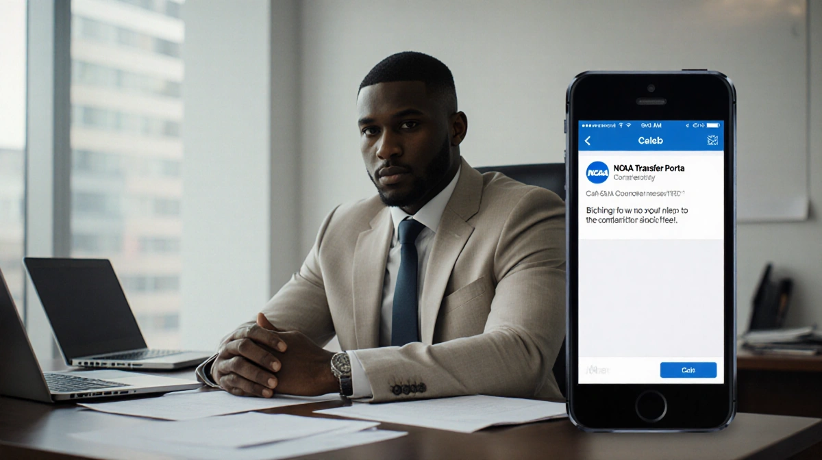 Carl Williams sits at desk with laptops and papers while smartphone shows NCAA transfer portal notification