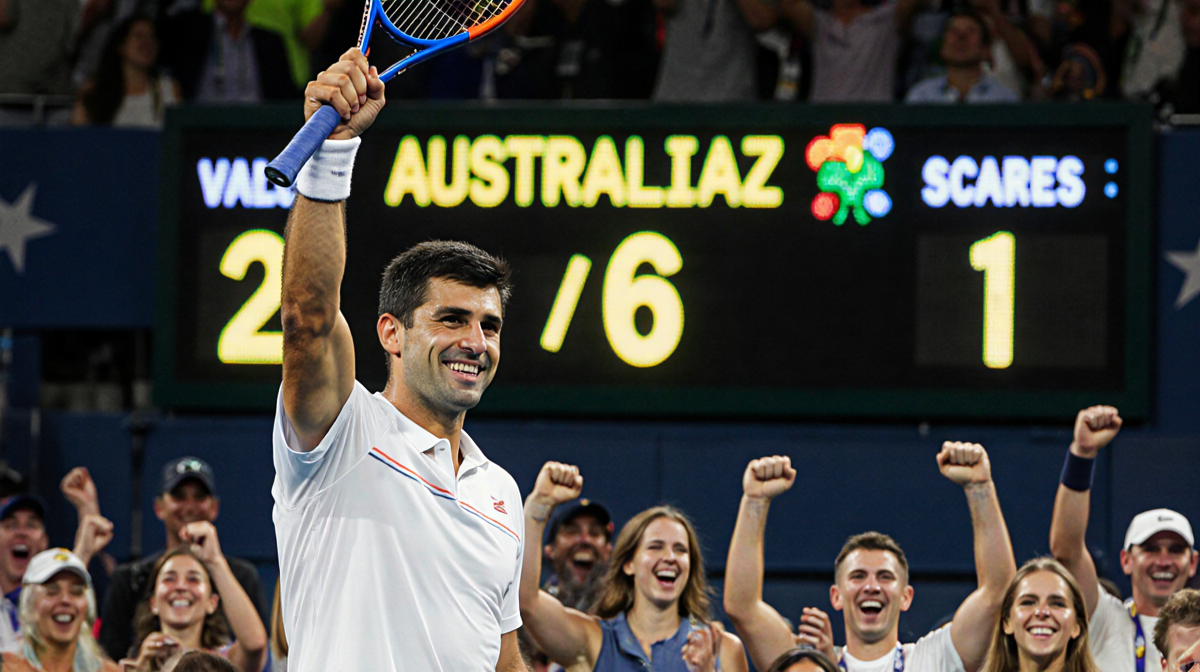 Carlos Alcaraz holding racket with triumph on Centre Court and bold scoreboard 6-2 6-4 6-1 and cheering crowd in foreground