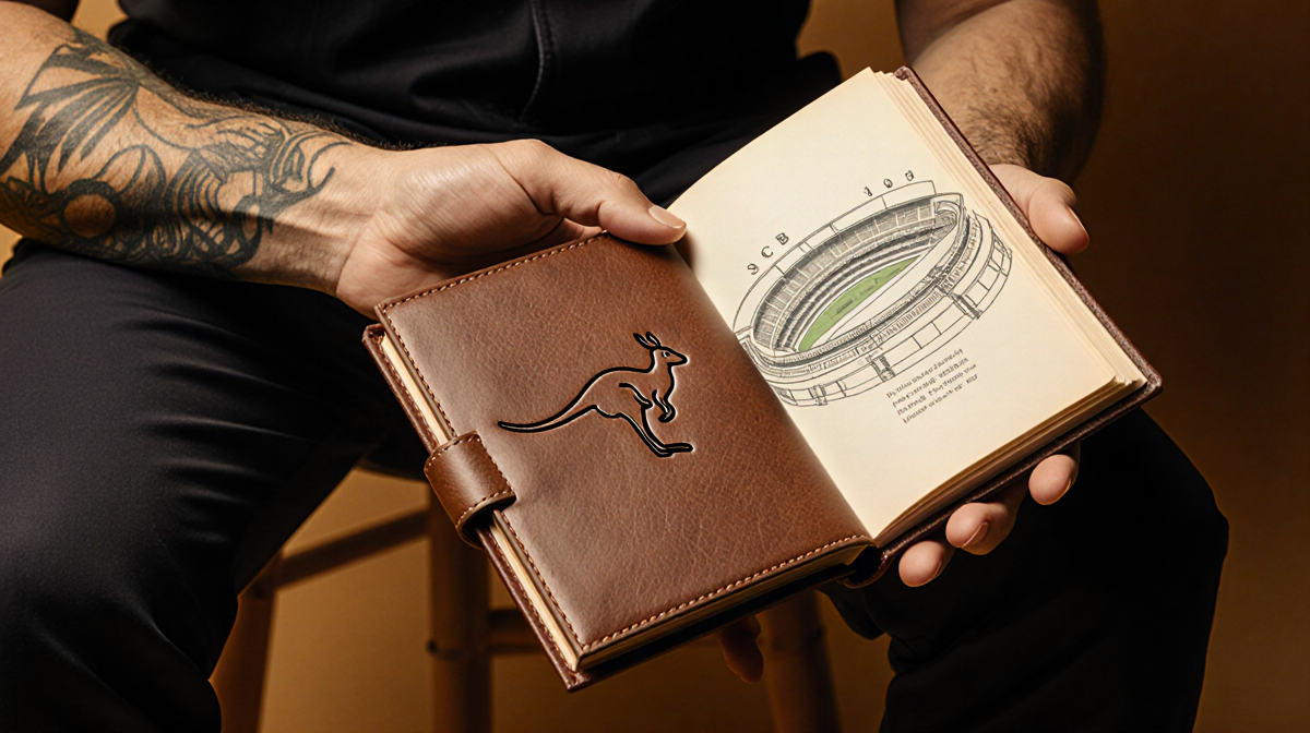 Carlos Alcaraz holds a leather book with a kangaroo cover and an illustration of the Sydney Cricket Ground in golden light.