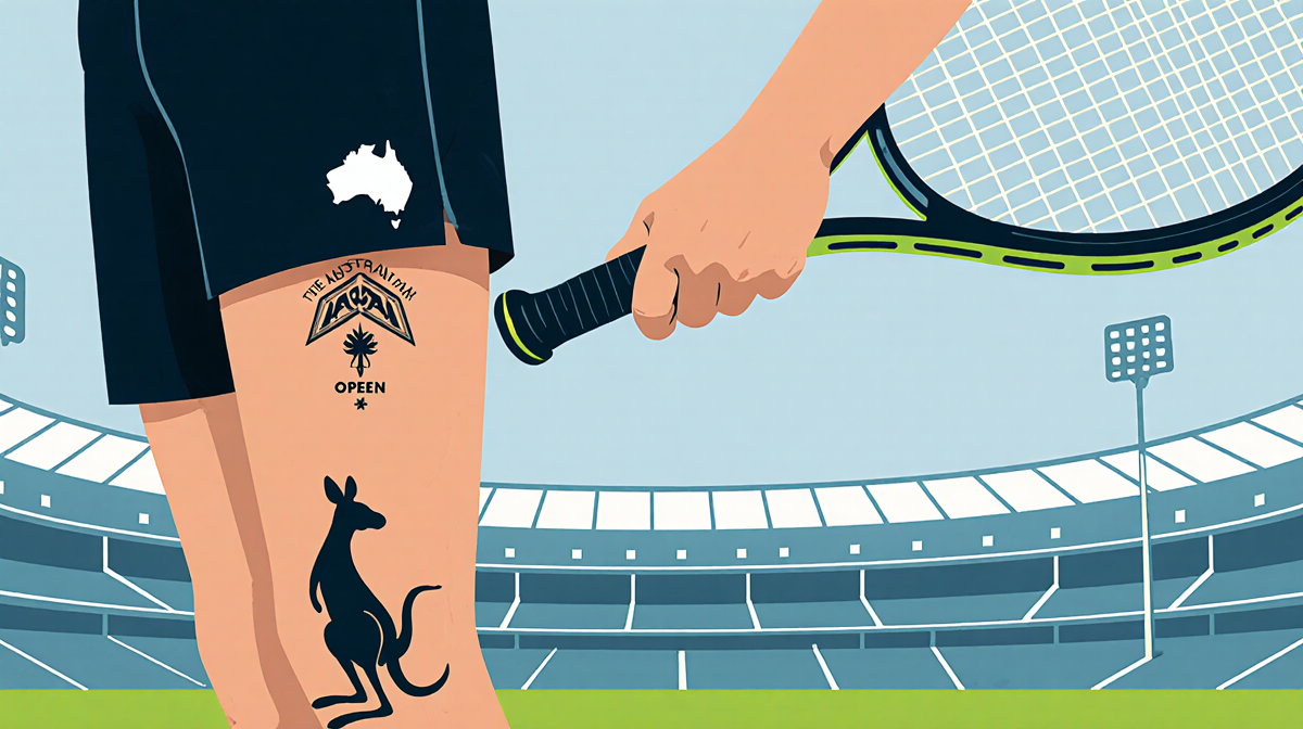 Alcaraz holds tennis racket with tattoo while kangaroo silhouette peeks from sleeve and Open logo on racket near Melbourne