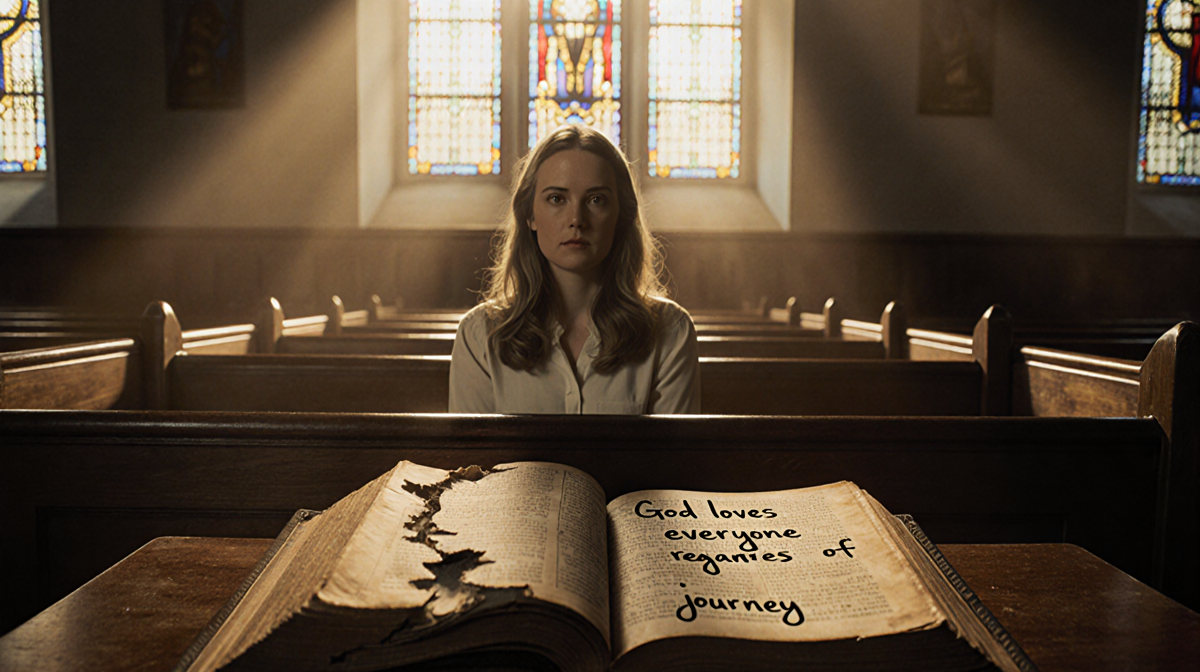 Carly Pearce sits in a dim church pew with a worn Bible showing a handwritten note and golden light from stained glass.