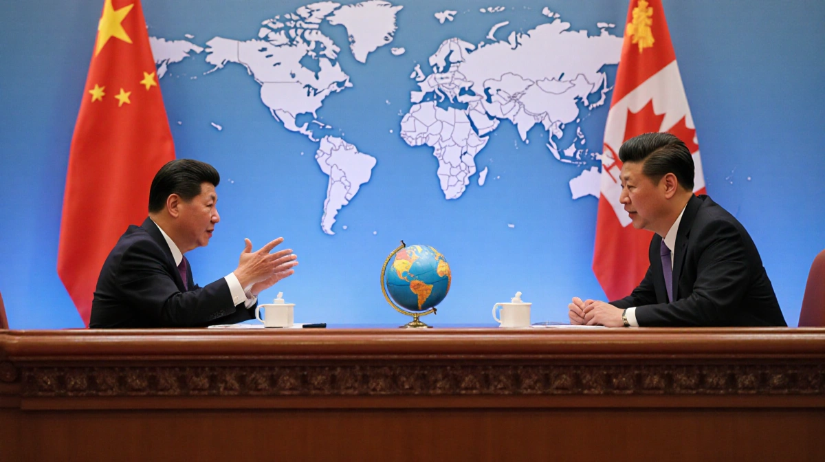 Mark Carney gestures while speaking with Xi Jinping at diplomatic meeting with North America map behind