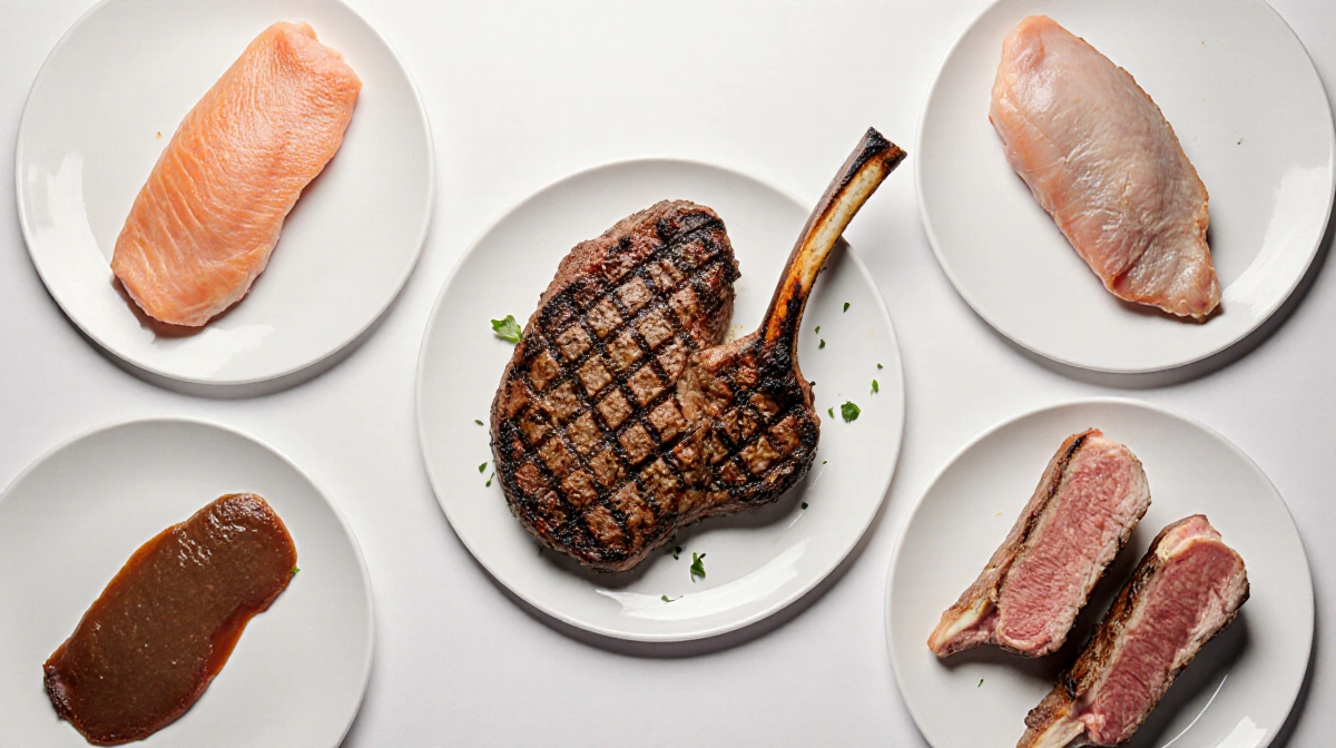 Grilled steak resting on plate with chicken breast and fatty fish arranged nearby