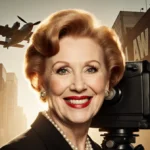 Carol Burnett smiling at camera with vintage Hollywood camera and Broadway billboards behind her