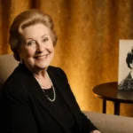 Carol Burnett smiles warmly in armchair with vintage photo of Lucille Ball and nostalgic TV props nearby