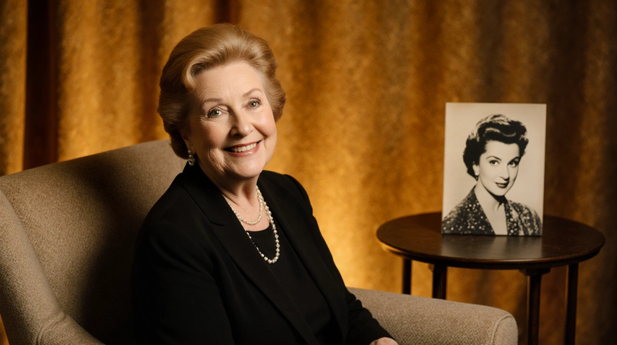 Carol Burnett smiles warmly in armchair with vintage photo of Lucille Ball and nostalgic TV props nearby