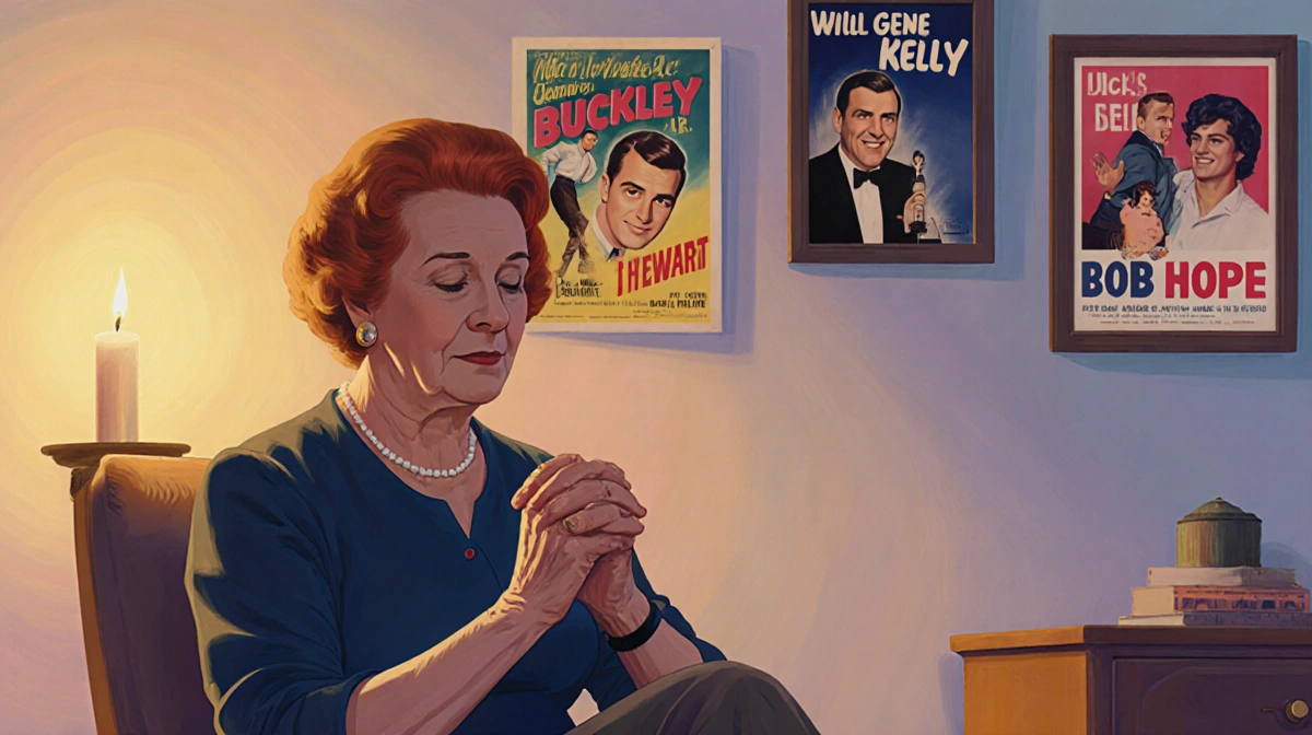 Carol Burnett sits with clasped hands and nostalgic smile while gazing at vintage film posters with warm candlelight glow