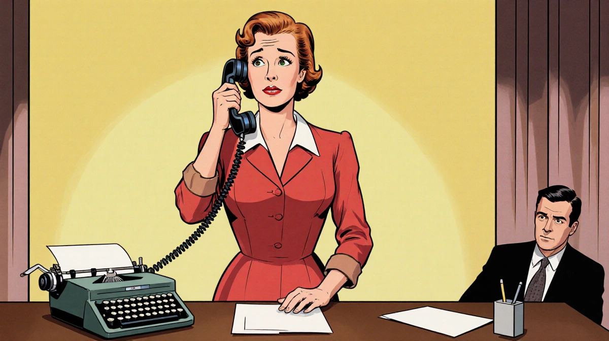 Carol Burnett holds vintage phone with puzzled expression at 1950s desk with typewriter and studio backdrop behind