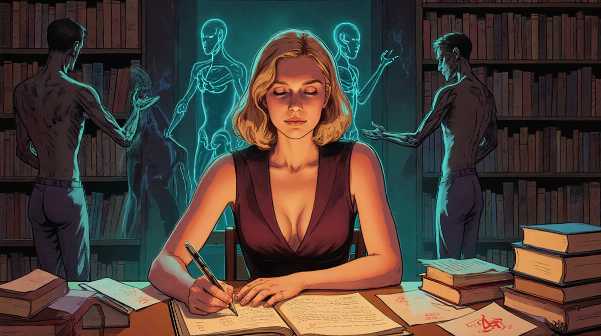 Carol Sturka writing in notebook with glowing virus-infected humans behind bookshelves