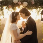 Carol and Susan share tender moment at wedding with golden light and vintage decorations showing enduring love