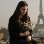 Carolina Matovac sits cradling a flower bouquet with tears against a landscape and Eiffel Tower heart failure organ donation