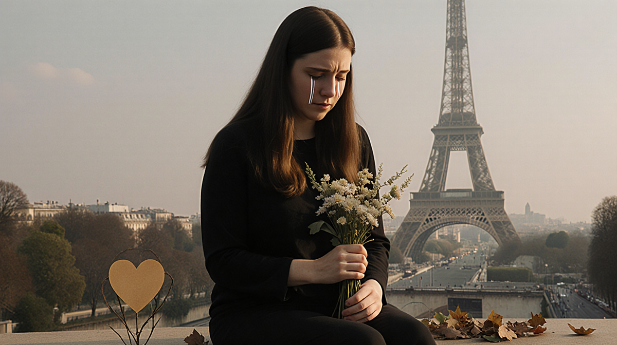Carolina Matovac sits cradling a flower bouquet with tears against a landscape and Eiffel Tower heart failure organ donation