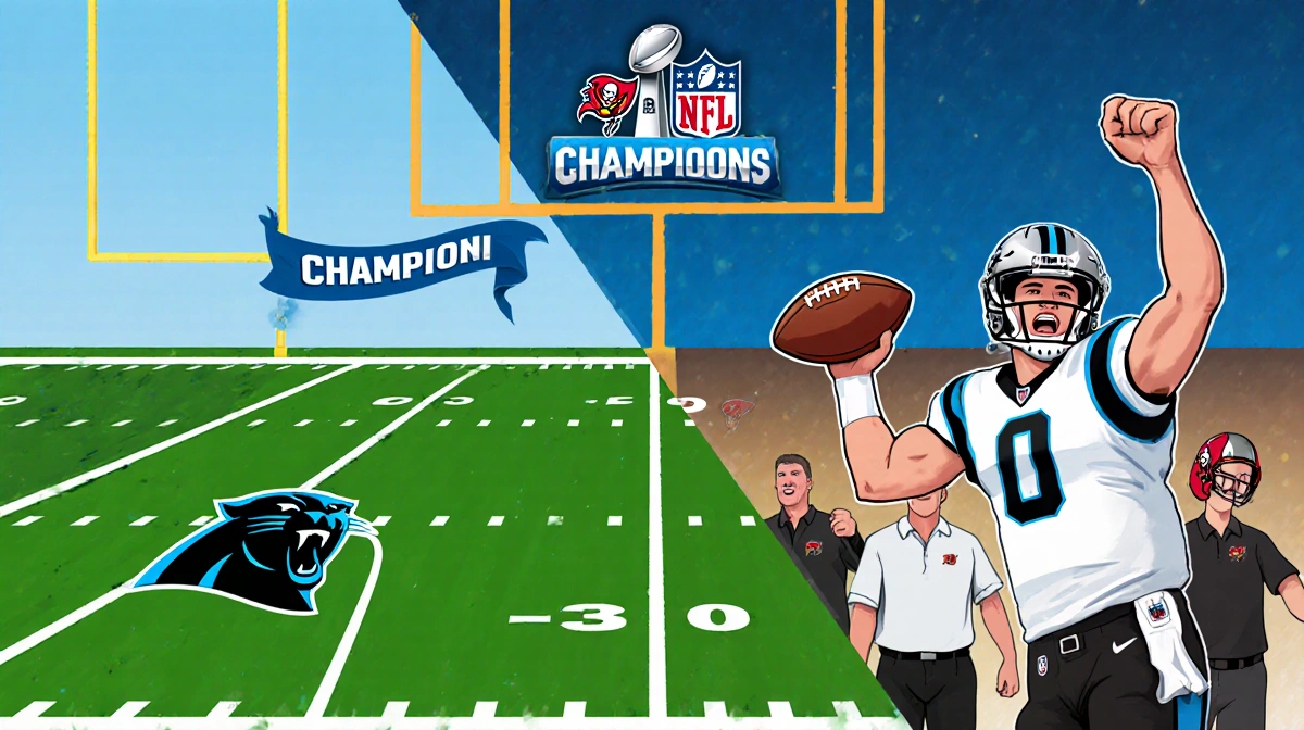 Carolina Panthers quarterback Bryce Young holds a football triumphantly while teammates celebrate with a championship banner 