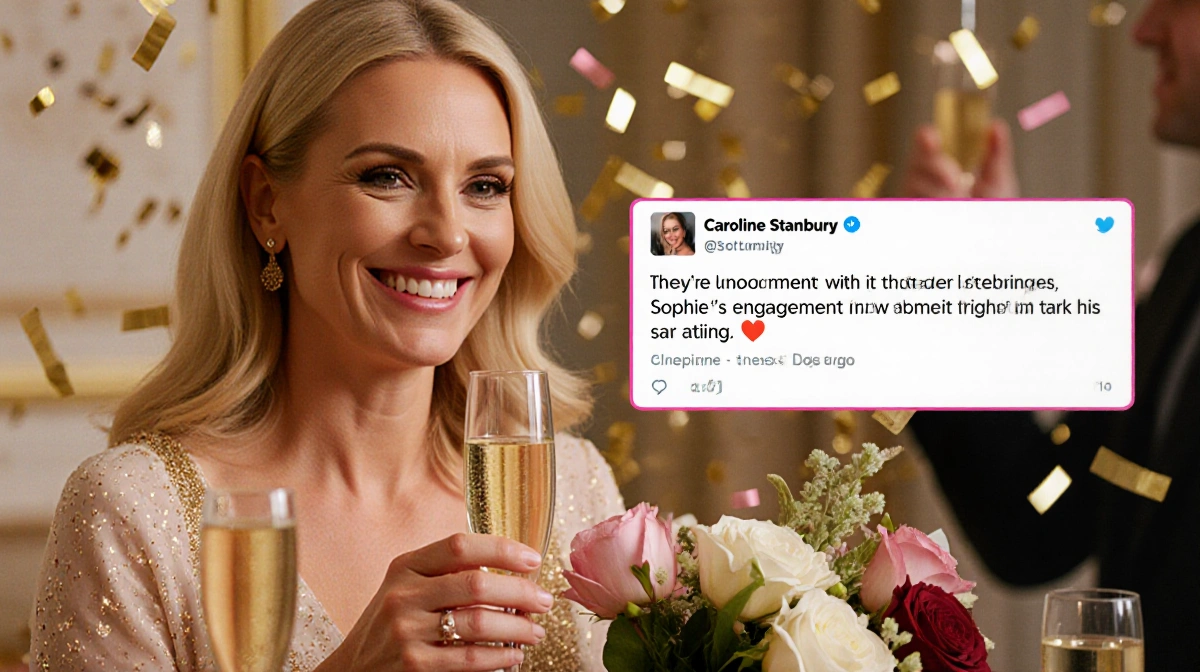 Caroline Stanbury celebrating with champagne glass and flowers near engagement announcement with gold accents