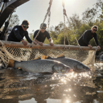 Triumphant divers pulling a wooden fish trap from a riverbank with silvery carp inside and lush vegetation in background