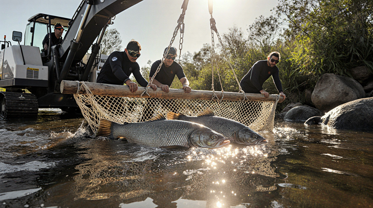 Triumphant divers pulling a wooden fish trap from a riverbank with silvery carp inside and lush vegetation in background