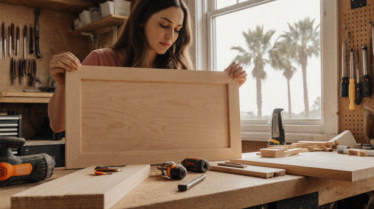 Woman carpenter crafting custom wood panel with tools scattered on workbench and palm trees visible through window