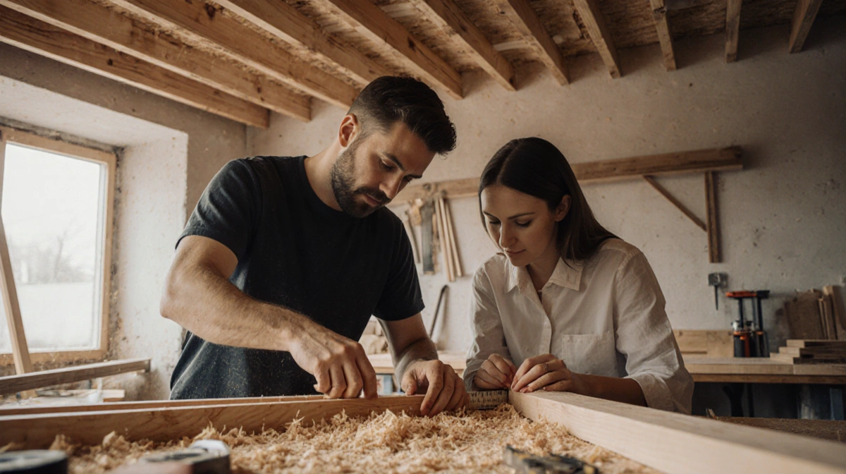 Two carpenters crafting wood pieces together with shavings and tools scattered nearby