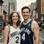 Carrie Brownstein and Fred Armisen stand wearing WNBA jerseys with Portland street signs and food carts in background.