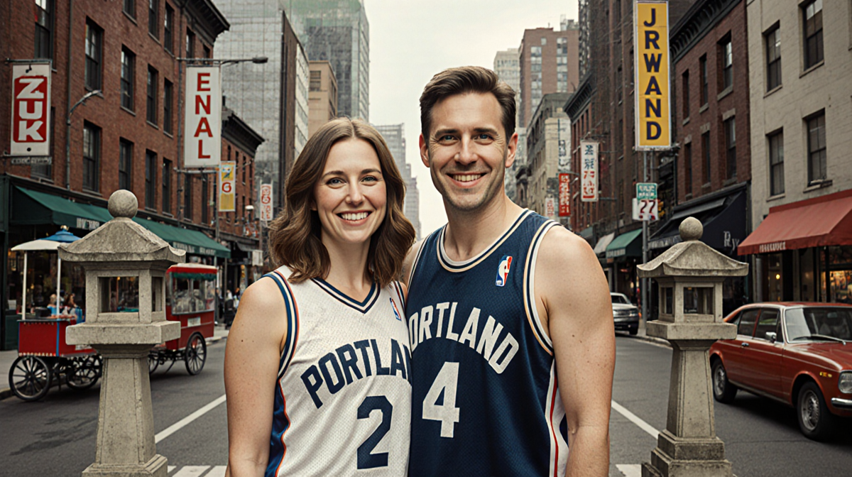Carrie Brownstein and Fred Armisen stand wearing WNBA jerseys with Portland street signs and food carts in background.