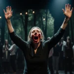 Carrie Coon gasping on stage with arms raised and fake blood on her face as blurred audience watches in horror