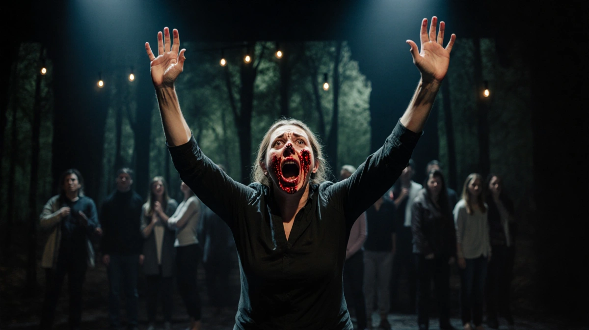 Carrie Coon gasping on stage with arms raised and fake blood on her face as blurred audience watches in horror