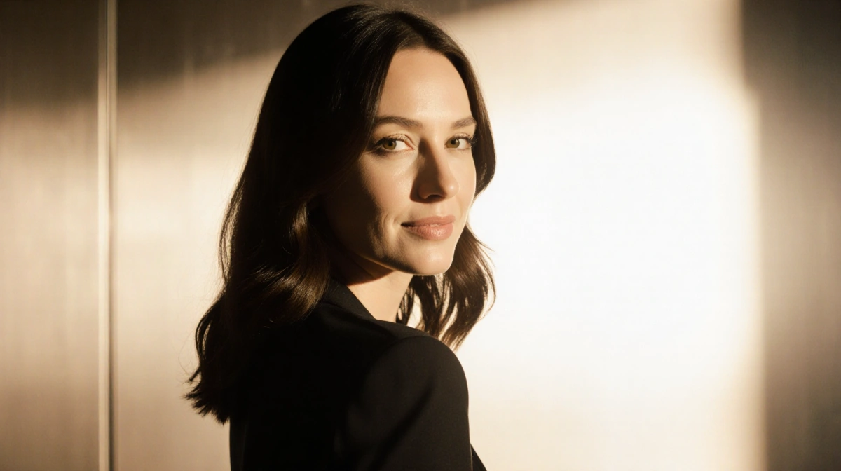 Carrie Coon turns to camera with introspective gaze and golden background highlighting her sharp features