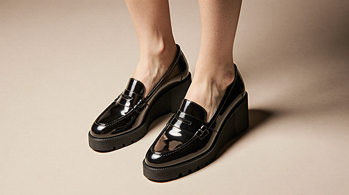 Carrie Underwood standing with patent leather loafers from above and warm glow on neutral background