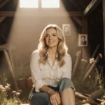 Carrie Underwood sits in sunlit barn with vintage tools and framed photos showing her country music journey