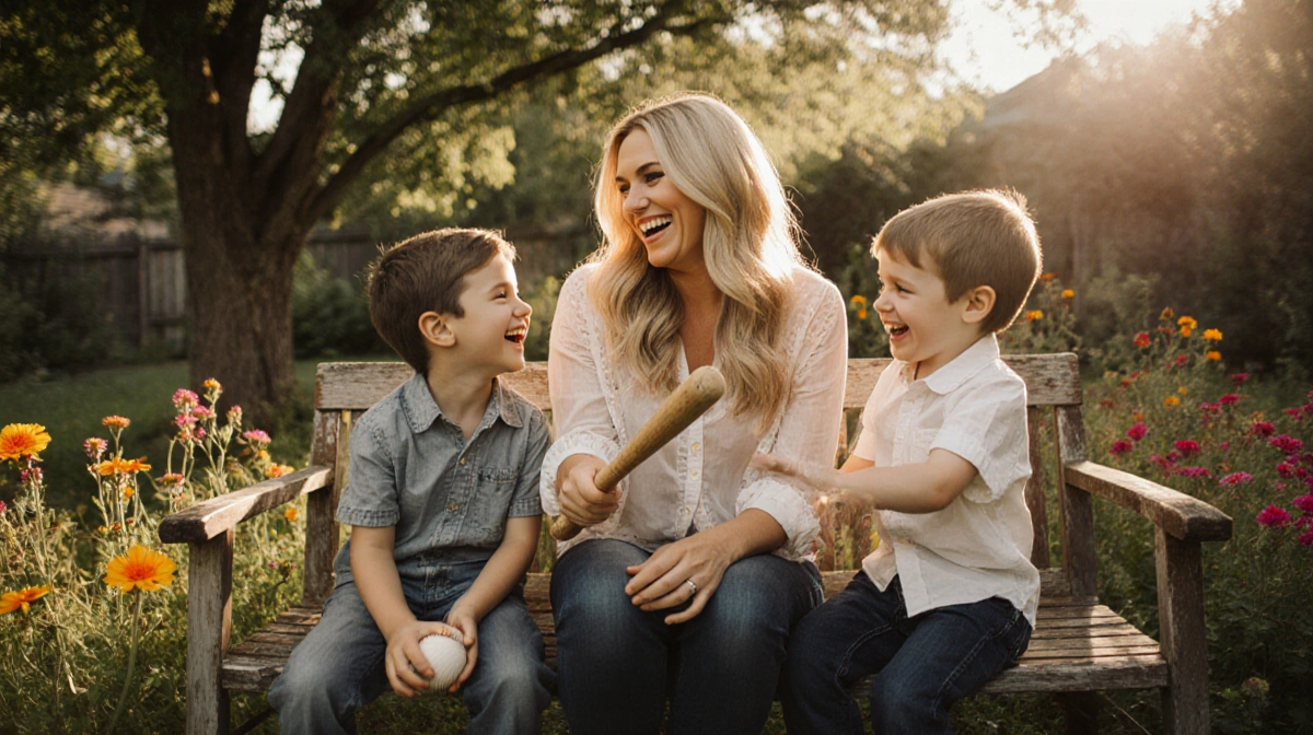 Carrie Underwood sits on wooden bench with her laughing sons and baseball bat while sunlight filters through backyard trees