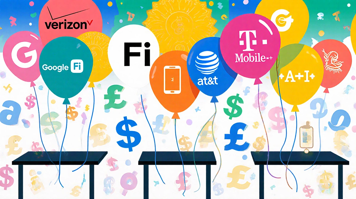 Colorful balloons float above carrier tables with dollar signs showing phone deals and smartphone icons in background