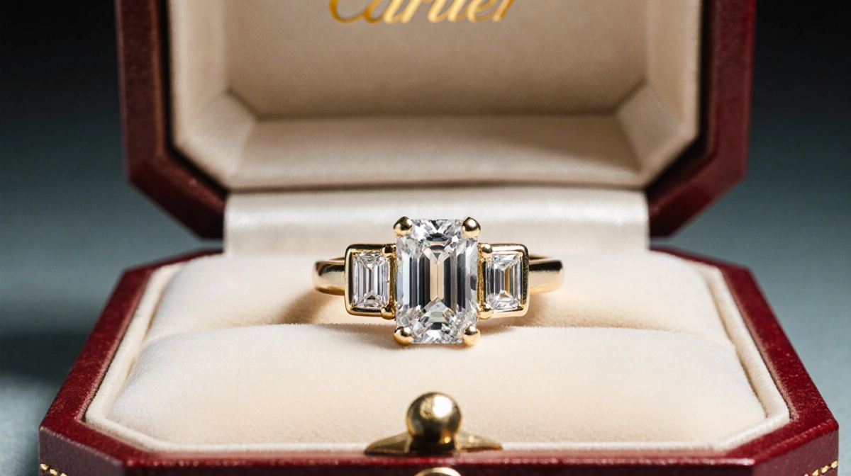 Vintage Cartier ring box holds Princess Grace Kelly's 10.48-carat emerald-cut diamond engagement ring with baguette side ston