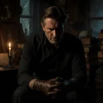 Cary Elwes sits alone with candlelight and books showing deep sadness and worn leather gloves