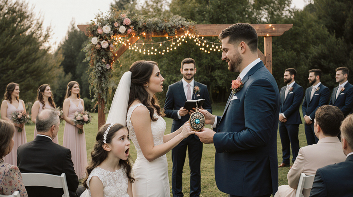 Groom holding antique locket while standing beside bride with stepdaughter surprised in front row under golden arch