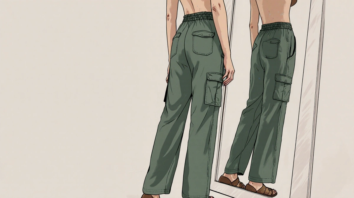 Petite woman modeling relaxed wide-leg cargo pants with flowy twill fabric and side pockets showing perfect shoe fit