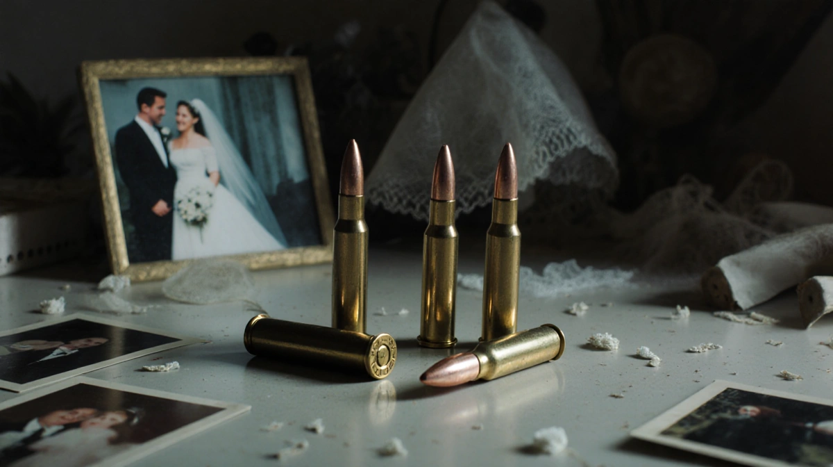 Three spent casings rest on dim kitchen counter with scattered family photos and wedding decorations in background