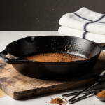 Restored cast-iron skillet gleaming with surface on wooden board in kitchen with utensils and spices