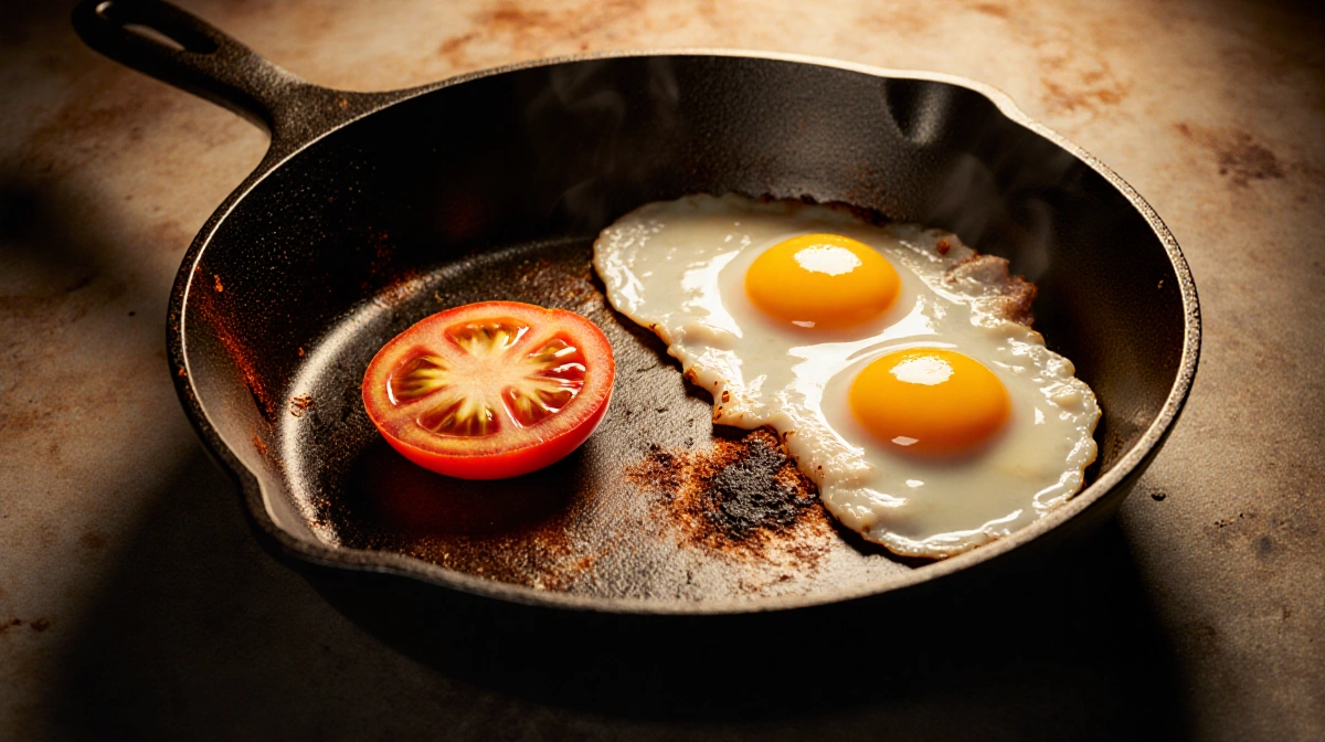 Tomato slice sits beside cooking eggs on rusty cast iron with rust spots showing acid damage