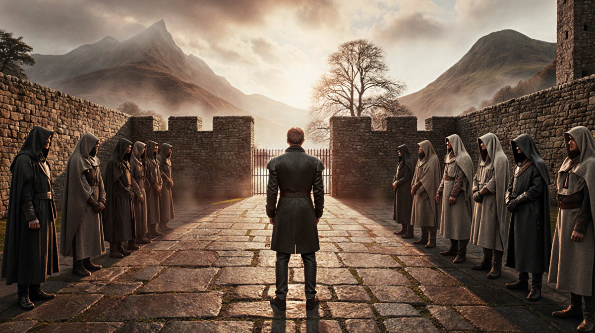 Alan Cumming standing between faithful in modern wear and traitors in hooded robes with misty Highlands castle courtyard