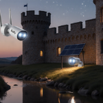 Solar-powered cameras watch over a moonlit castle facade with a gentle stream reflecting warm panels