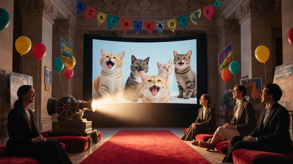 Giant cinema screen shows adorable cat videos at Natural History Museum with vintage projector and laughing visitors on velve