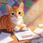 Cat sitting at desk with paws crossed over weight loss plan and scattered New Year