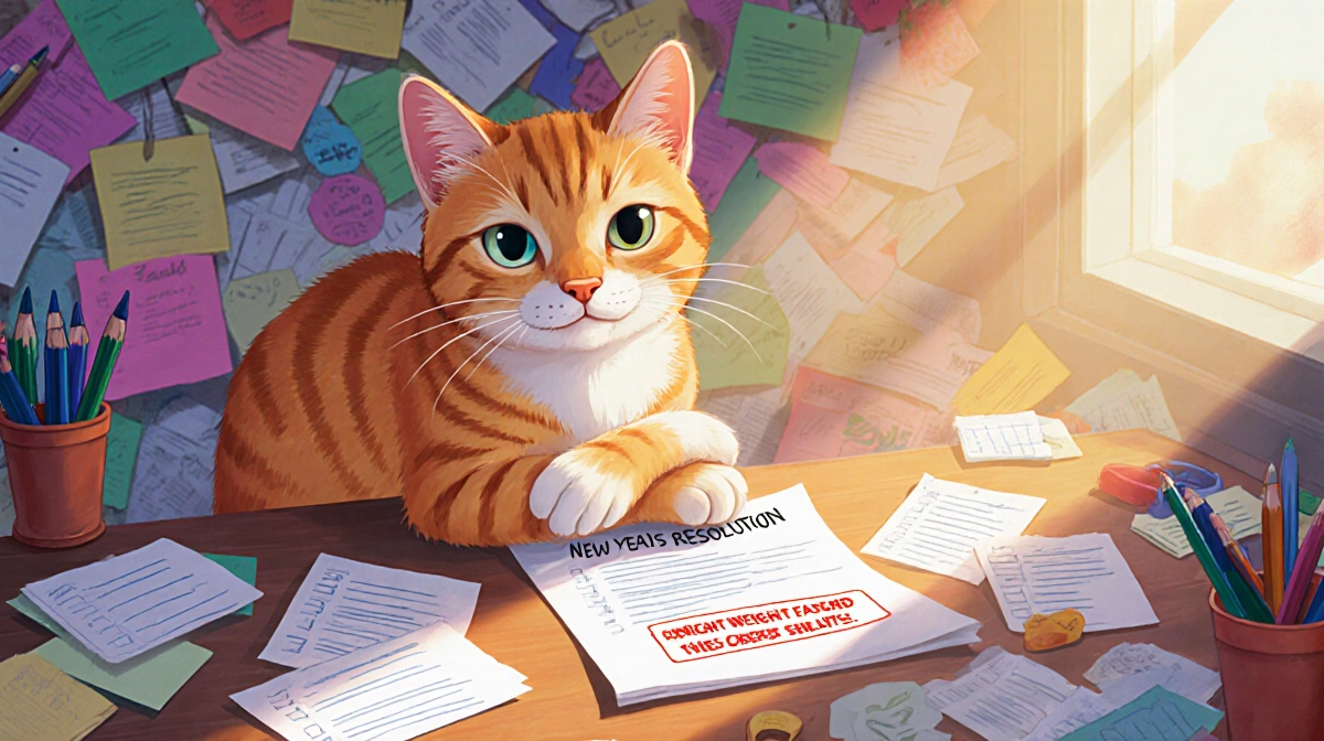 Cat sitting at desk with paws crossed over weight loss plan and scattered New Year