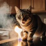 Startled cat clinging to stove edge with spreading flame and rising smoke in kitchen
