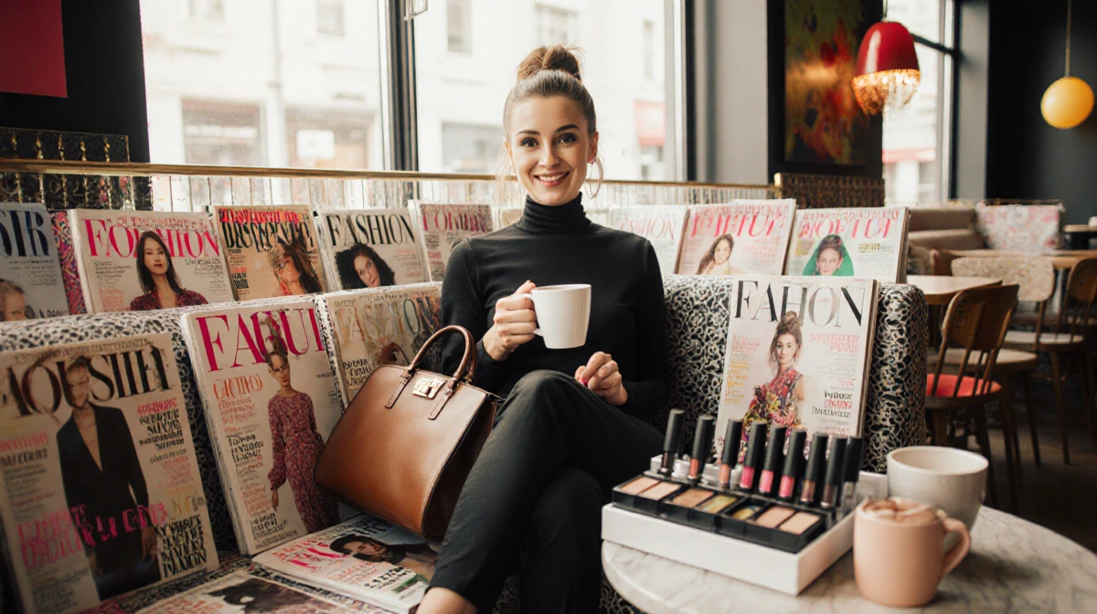 Catherine Santino smiles while holding designer handbag and coffee with fashion magazines and makeup station in bright coffee