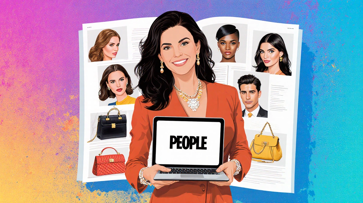 Confident woman holding PEOPLE Magazine tablet with fashion icons and celebrity faces showing her entertainment journalism ex